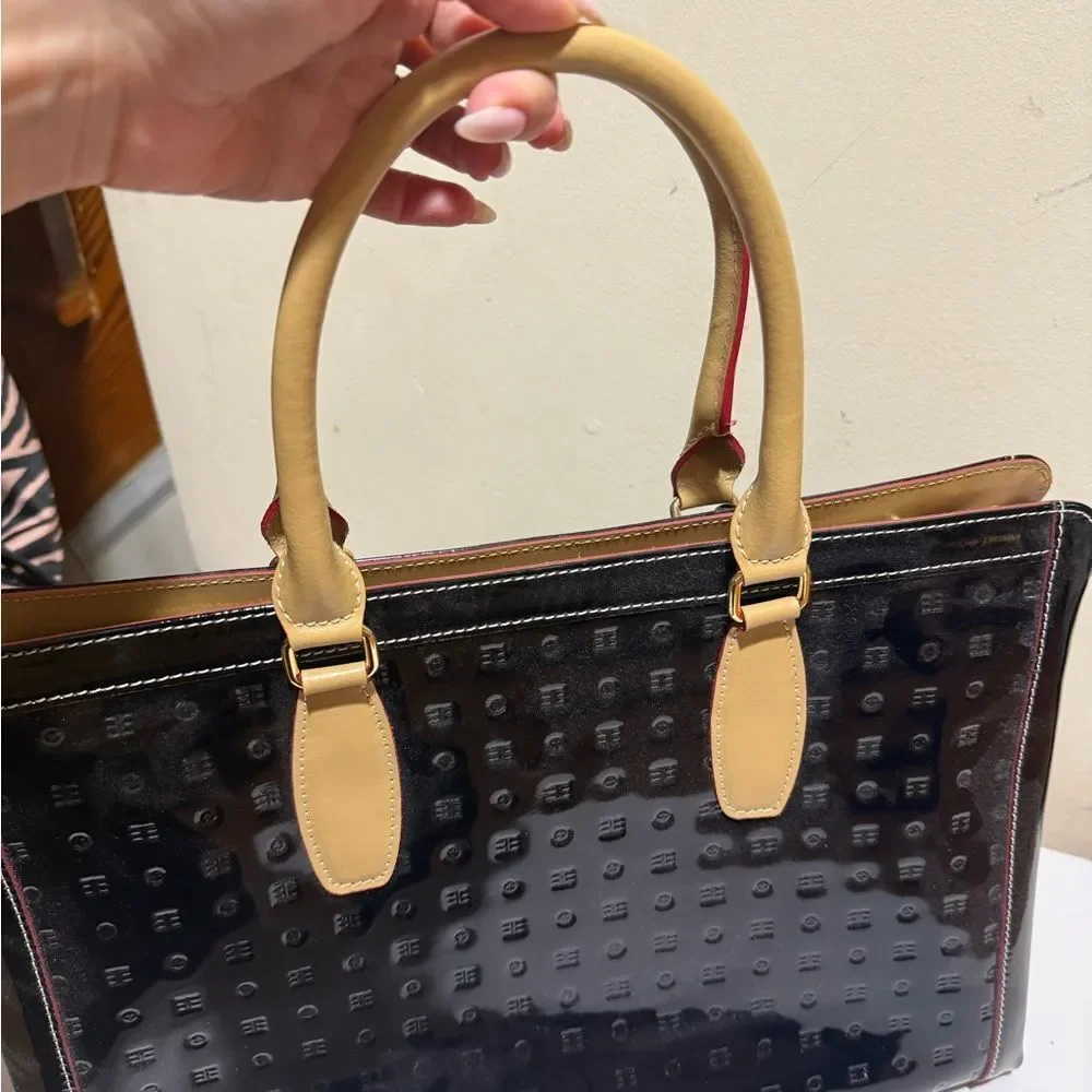 Arcadia Black Patent Leather Crossbody Straps and goldtone tag Black Tote